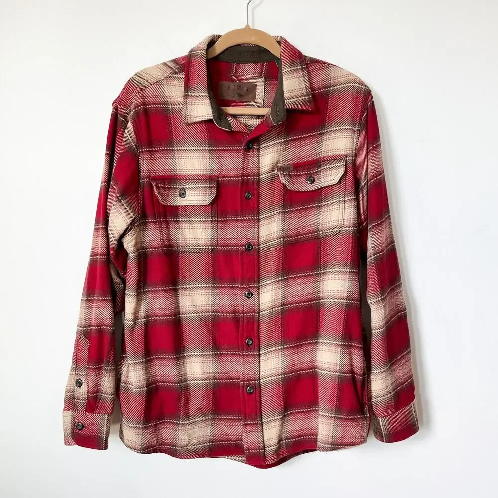 Orvis Mens Plaid Heavyweight Flannel Shacket Shirt Red Outdoor‎ Chore Work Barn